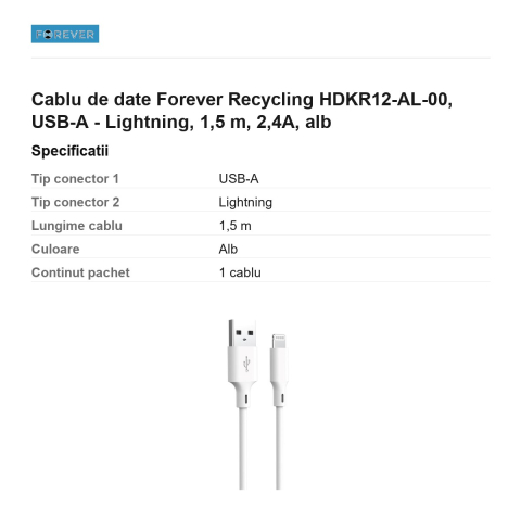Cablu de date Forever Recycling HDKR12-AL-00, USB-A - Lightning, 1,5 m, 2,4A, alb [2]