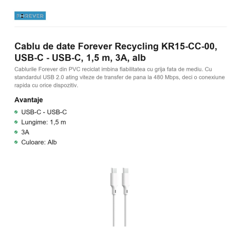 Cablu de date Forever Recycling KR15-CC-00, USB-C - USB-C, 1,5 m, 3A, alb [1]