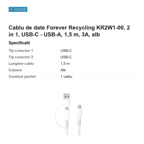 Cablu de date Forever Recycling KR2W1-00, 2 in 1, USB-C - USB-A, 1,5 m, 3A, alb [2]