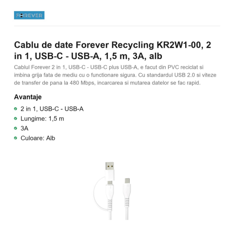 Cablu de date Forever Recycling KR2W1-00, 2 in 1, USB-C - USB-A, 1,5 m, 3A, alb [1]