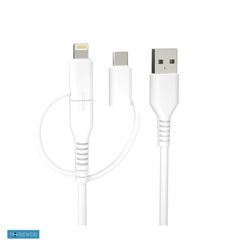 Accesorii IT - Cablu de date Forever Recycling KR3W1-00, 3 in 1, USB-A - Lightning / USB-C / Micro USB, 1,5 m, 2,4A, alb