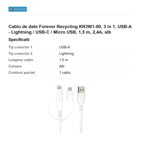 Cablu de date Forever Recycling KR3W1-00, 3 in 1, USB-A - Lightning / USB-C / Micro USB, 1,5 m, 2,4A, alb [2]