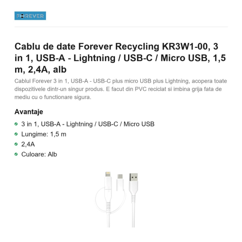 Cablu de date Forever Recycling KR3W1-00, 3 in 1, USB-A - Lightning / USB-C / Micro USB, 1,5 m, 2,4A, alb [1]