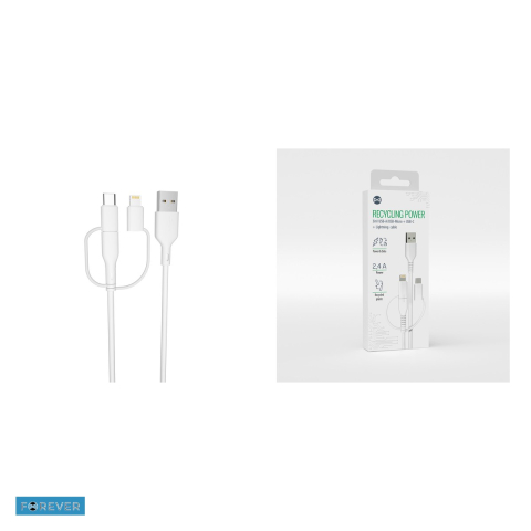 Cablu de date Forever Recycling KR3W1-00, 3 in 1, USB-A - Lightning / USB-C / Micro USB, 1,5 m, 2,4A, alb [3]