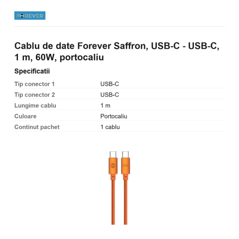 Cablu de date Forever Saffron, USB-C - USB-C, 1 m, 60W, portocaliu [2]