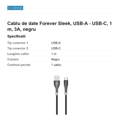 Cablu de date Forever Sleek, USB-A - USB-C, 1 m, 3A, negru [2]