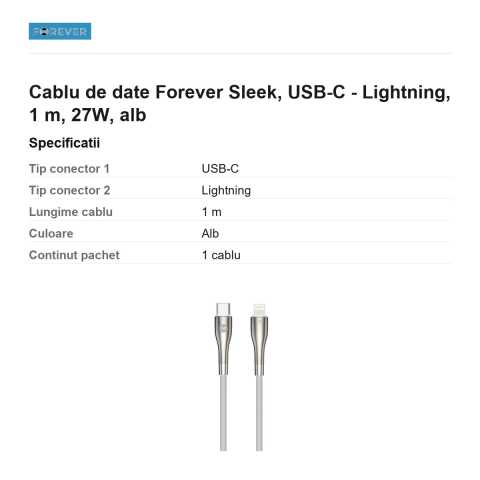 Cablu de date Forever Sleek, USB-C - Lightning, 1 m, 27W, alb [2]