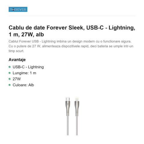 Cablu de date Forever Sleek, USB-C - Lightning, 1 m, 27W, alb [1]