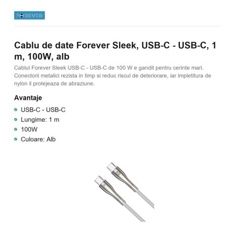 Cablu de date Forever Sleek, USB-C - USB-C, 1 m, 100W, alb [1]