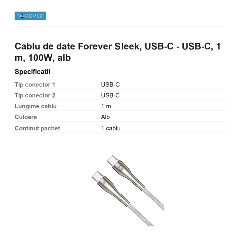 Cablu de date Forever Sleek, USB-C - USB-C, 1 m, 100W, alb [2]