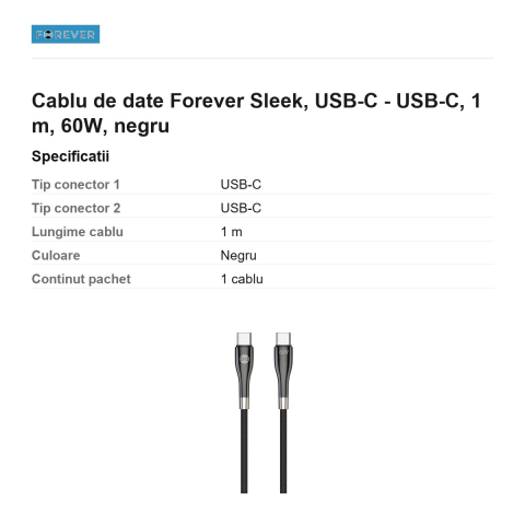 Cablu de date Forever Sleek, USB-C - USB-C, 1 m, 60W, negru [2]