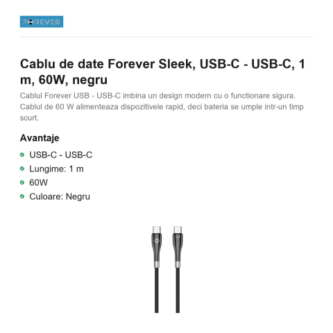 Cablu de date Forever Sleek, USB-C - USB-C, 1 m, 60W, negru [1]