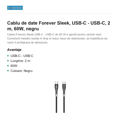 Cablu de date Forever Sleek, USB-C - USB-C, 2 m, 60W, negru [1]