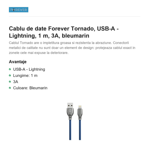 Cablu de date Forever Tornado, USB-A - Lightning, 1 m, 3A, bleumarin [1]