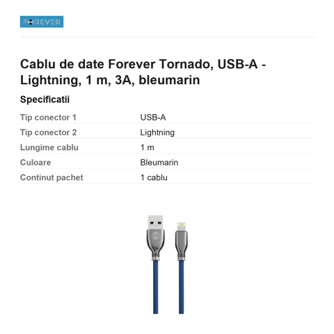 Cablu de date Forever Tornado, USB-A - Lightning, 1 m, 3A, bleumarin [2]