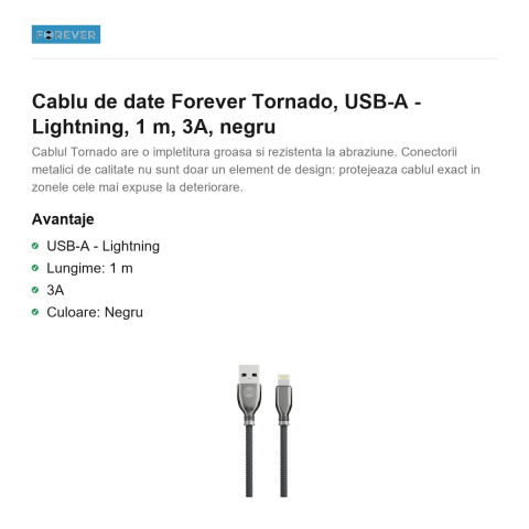 Cablu de date Forever Tornado, USB-A - Lightning, 1 m, 3A, negru [1]