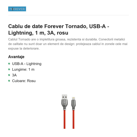 Cablu de date Forever Tornado, USB-A - Lightning, 1 m, 3A, rosu [1]