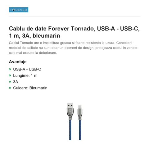 Cablu de date Forever Tornado, USB-A - USB-C, 1 m, 3A, bleumarin [1]