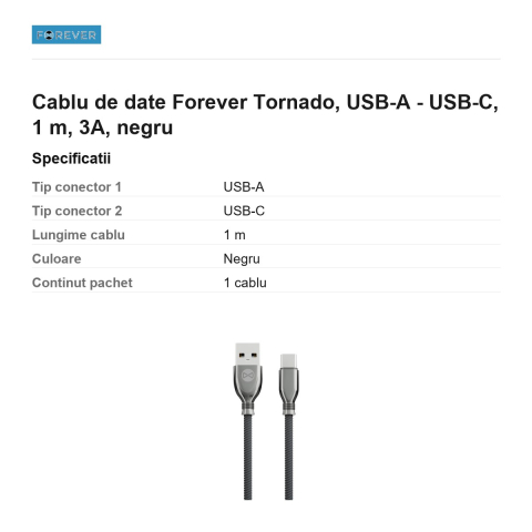 Cablu de date Forever Tornado, USB-A - USB-C, 1 m, 3A, negru [2]
