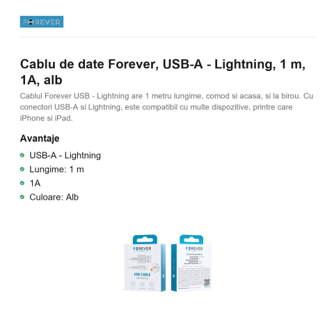Cablu de date Forever, USB-A - Lightning, 1 m, 1A, alb [1]