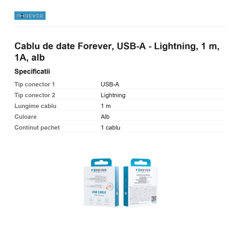 Cablu de date Forever, USB-A - Lightning, 1 m, 1A, alb [2]