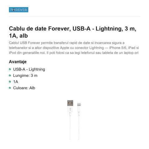 Cablu de date Forever, USB-A - Lightning, 3 m, 1A, alb [1]