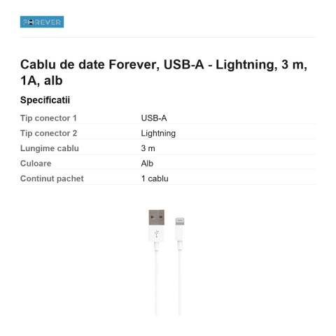 Cablu de date Forever, USB-A - Lightning, 3 m, 1A, alb [2]