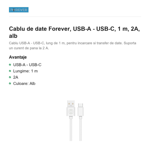 Cablu de date Forever, USB-A - USB-C, 1 m, 2A, alb [1]
