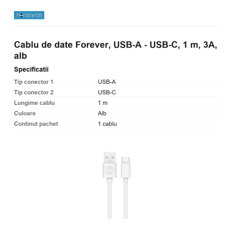 Cablu de date Forever, USB-A - USB-C, 1 m, 3A, alb [2]