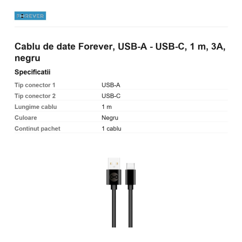 Cablu de date Forever, USB-A - USB-C, 1 m, 3A, negru [2]