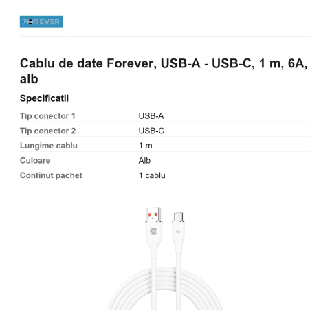 Cablu de date Forever, USB-A - USB-C, 1 m, 6A, alb [2]