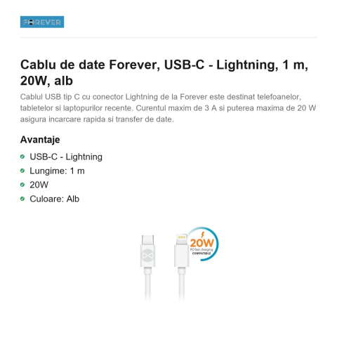 Cablu de date Forever, USB-C - Lightning, 1 m, 20W, alb [1]