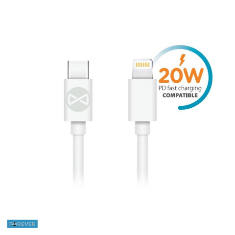 Cabluri de date telefoane - Cablu de date Forever, USB-C - Lightning, 1 m, 20W, alb