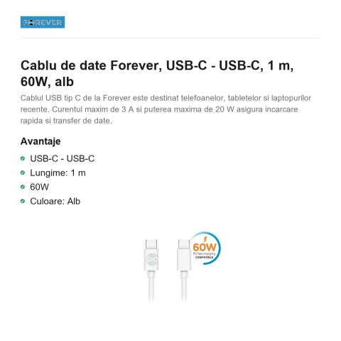 Cablu de date Forever, USB-C - USB-C, 1 m, 60W, alb [1]