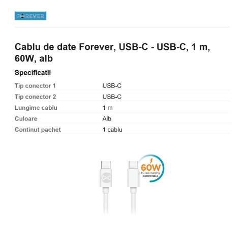 Cablu de date Forever, USB-C - USB-C, 1 m, 60W, alb [2]