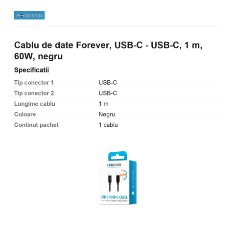 Cablu de date Forever, USB-C - USB-C, 1 m, 60W, negru [2]