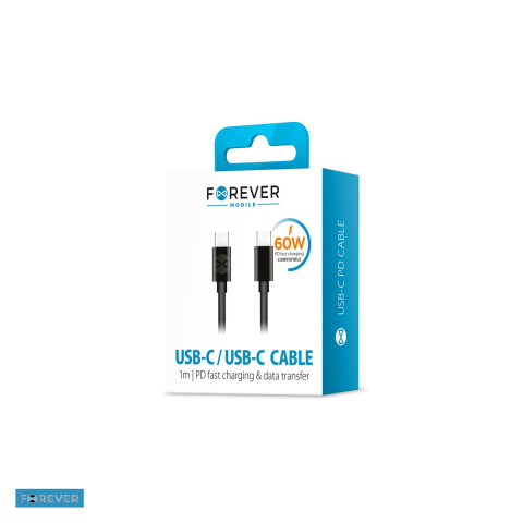 Cabluri de date telefoane - Cablu de date Forever, USB-C - USB-C, 1 m, 60W, negru
