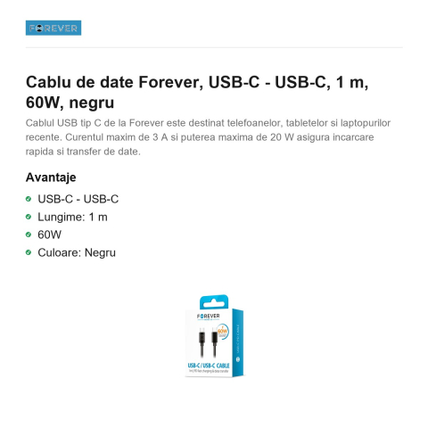 Cablu de date Forever, USB-C - USB-C, 1 m, 60W, negru [1]
