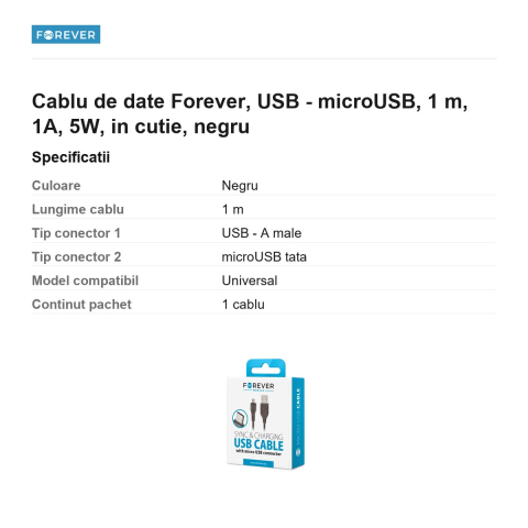 Cablu de date Forever, USB - microUSB, 1 m, 1A, 5W, in cutie, negru [2]