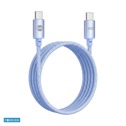Accesorii IT - Cablu de date Forever Vibe, USB-C tata-tata, lungime 1m, 60W, invelis exterior din nylon impletit, conectori cu capete intarite, albastru deschis