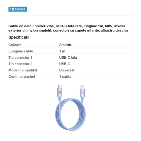 Cablu de date Forever Vibe, USB-C tata-tata, lungime 1m, 60W, invelis exterior din nylon impletit, conectori cu capete intarite, albastru deschis [2]