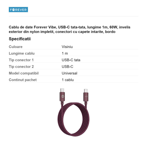 Cablu de date Forever Vibe, USB-C tata-tata, lungime 1m, 60W, invelis exterior din nylon impletit, conectori cu capete intarite, bordo [2]