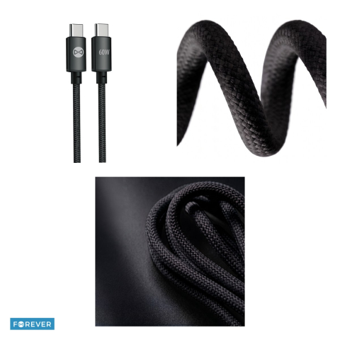 Cablu de date Forever Vibe, USB-C tata-tata, lungime 1m, 60W, invelis exterior din nylon impletit, conectori cu capete intarite, gri inchis [3]
