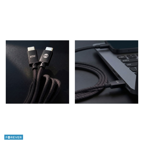 Cablu de date Forever Vibe, USB-C tata-tata, lungime 1m, 60W, invelis exterior din nylon impletit, conectori cu capete intarite, gri inchis [4]