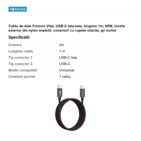 Cablu de date Forever Vibe, USB-C tata-tata, lungime 1m, 60W, invelis exterior din nylon impletit, conectori cu capete intarite, gri inchis [2]