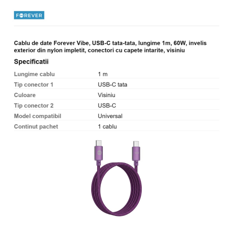 Cablu de date Forever Vibe, USB-C tata-tata, lungime 1m, 60W, invelis exterior din nylon impletit, conectori cu capete intarite, visiniu [2]