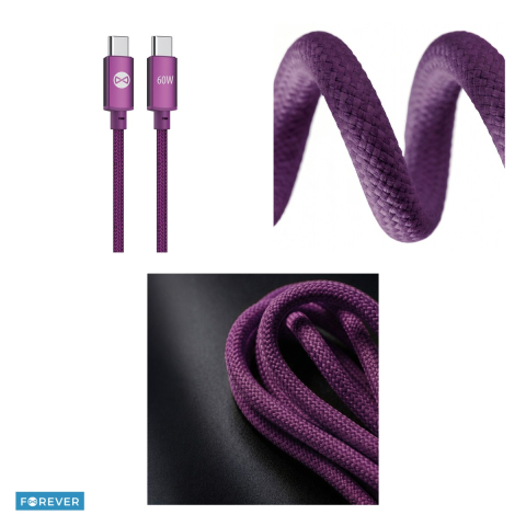 Cablu de date Forever Vibe, USB-C tata-tata, lungime 1m, 60W, invelis exterior din nylon impletit, conectori cu capete intarite, visiniu [3]