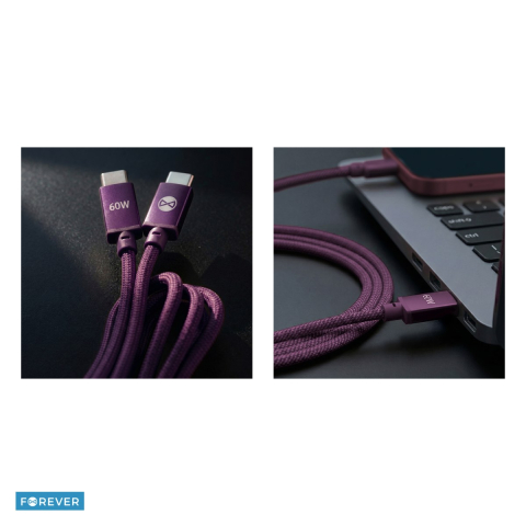 Cablu de date Forever Vibe, USB-C tata-tata, lungime 1m, 60W, invelis exterior din nylon impletit, conectori cu capete intarite, visiniu [4]
