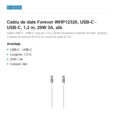 Cablu de date Forever WHP12320, USB-C - USB-C, 1,2 m, 20W 3A, alb [1]