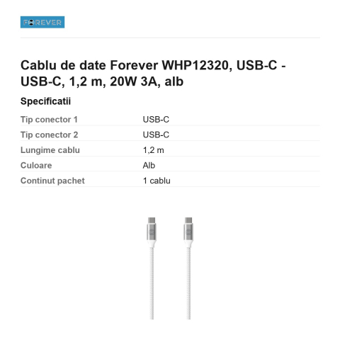 Cablu de date Forever WHP12320, USB-C - USB-C, 1,2 m, 20W 3A, alb [2]